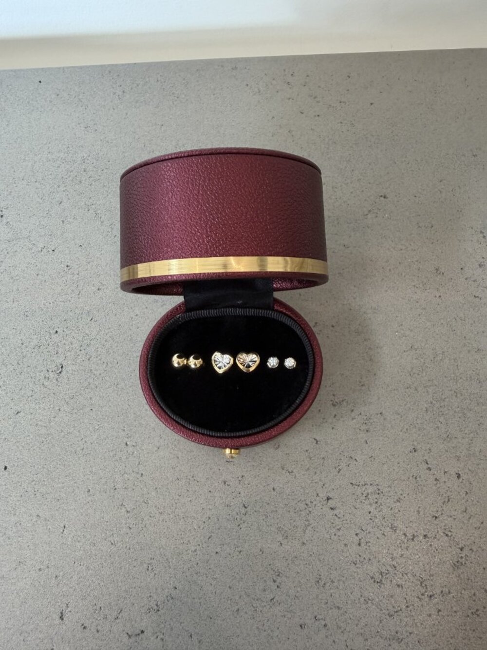 14K Gold Mini Stud Earrings Set of 3 — Hearts, Balls, White Stone Studs
